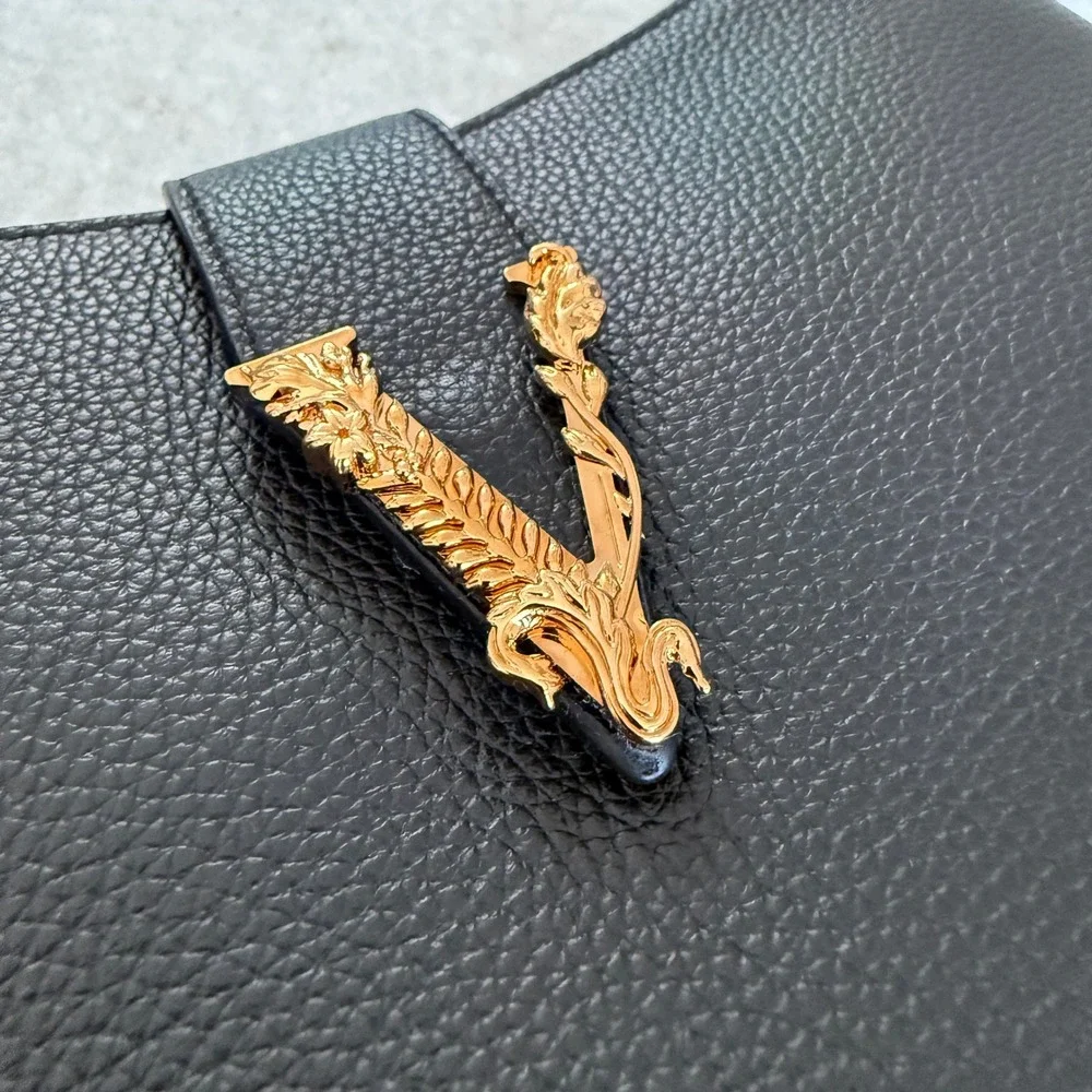Versace Virtus‎ Small Hobo Bag Black Grained Leather Gold Barocco V